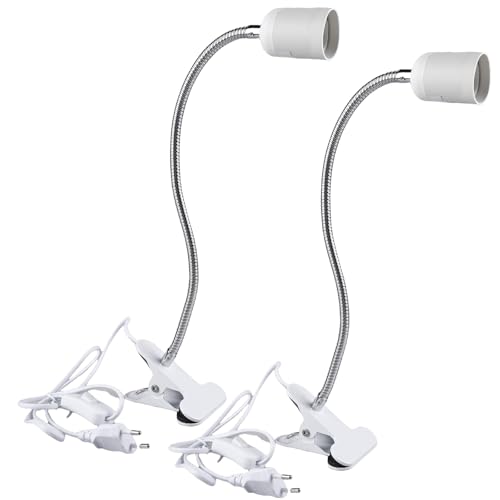 2 Stück Klemmleuchte,LED Lampenfassung E27, Klemmlampe 360° Einstellbar,Klemmlampe mit Flexiblem Schwanenhals und Schalter,LED Leselampe Bett für Lesen Innen Beleuchtung,Klemmleuchte, Weiß