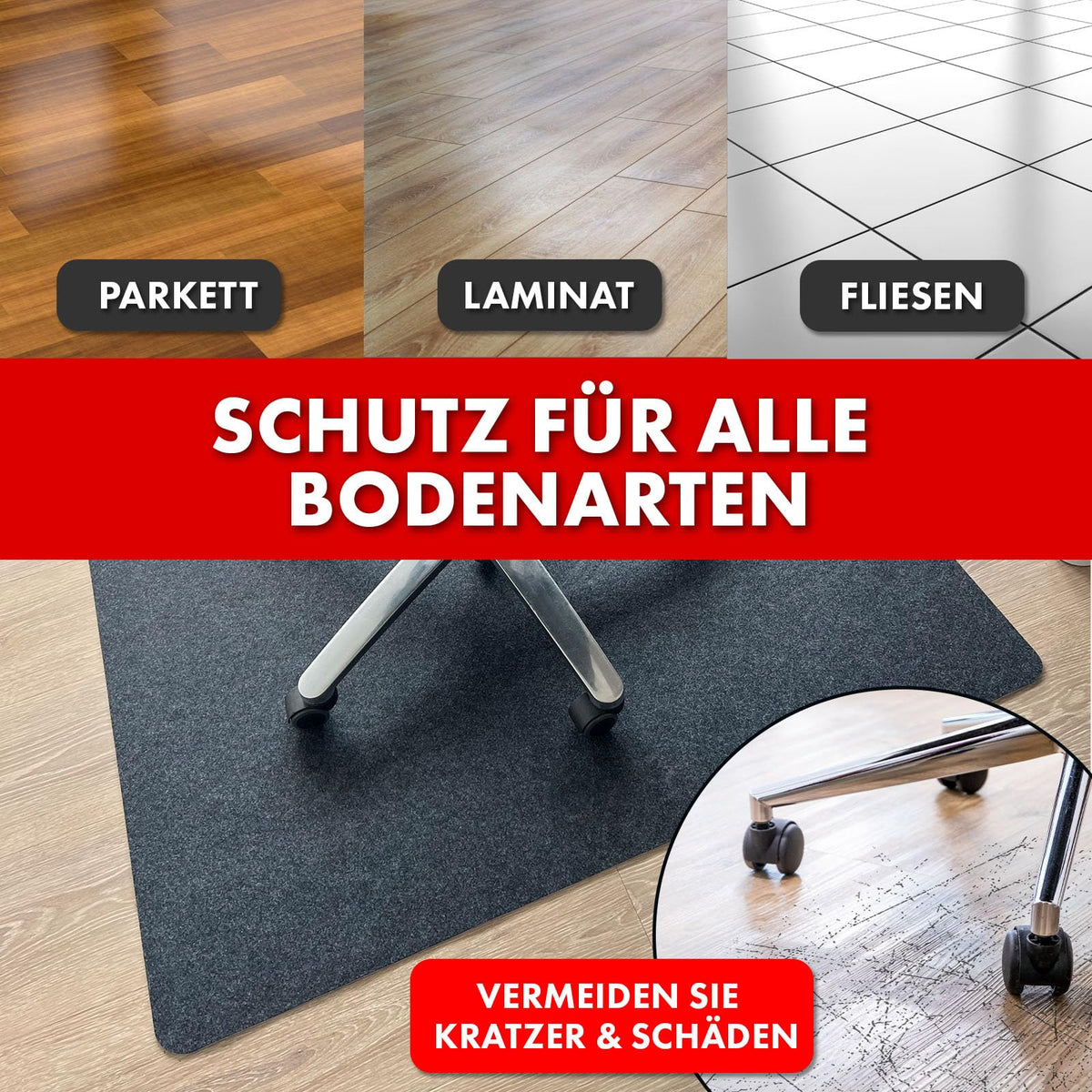 OfficeMarshal Bodenschutzmatte 100x120cm Bürostuhl Teppich Unterlage schwarz für Hartböden - Schützt Fliesen Parkett + Laminat vor Bürostuhl, Fitnessgeräten und herunterfallenden Gegenständen (Viking)