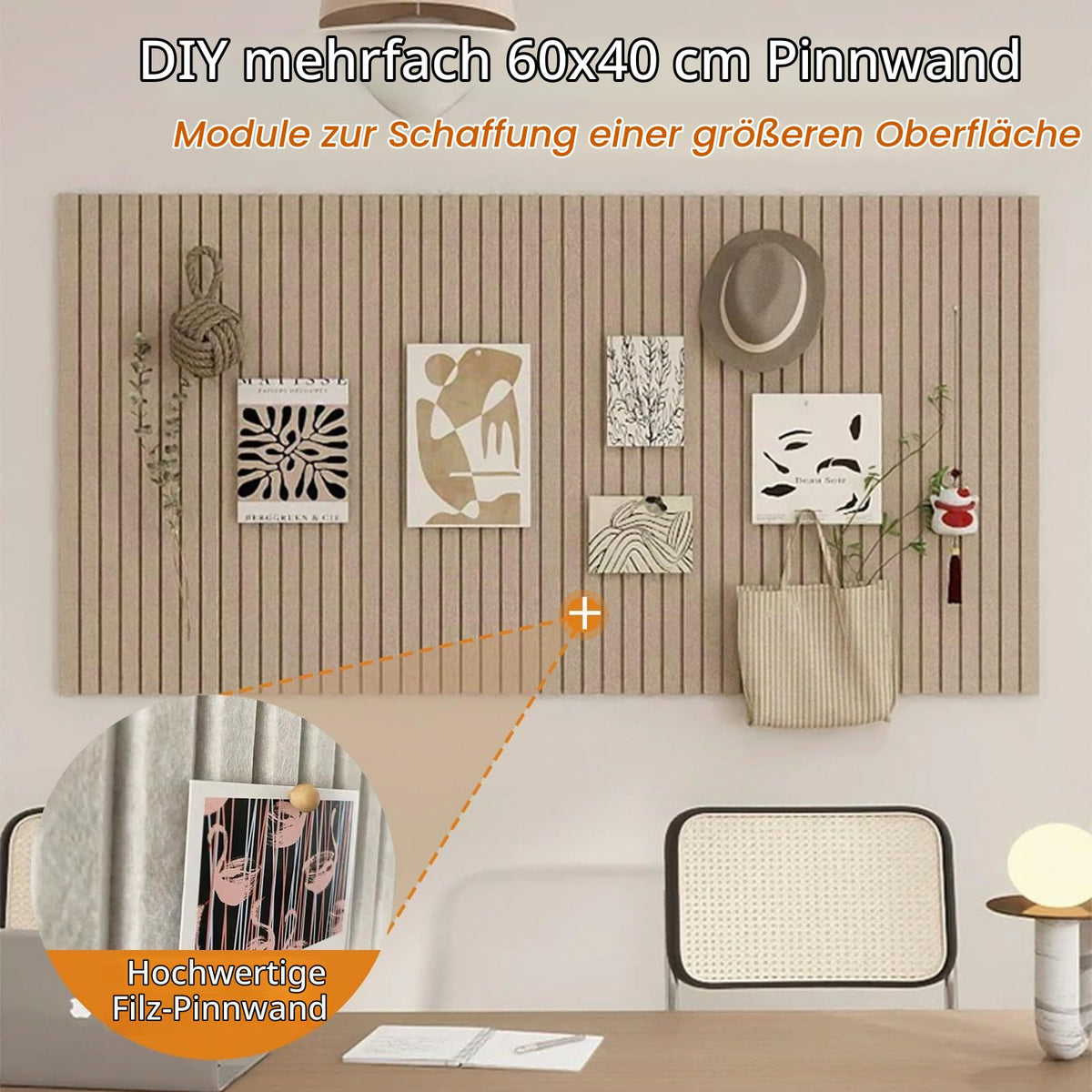 90 x 60cm Große Filz Pinnwand Selbstklebend,vertikaler Streifen dekorative Pinnwand aus Filz,Filzboard, faltbare Fototafel Memotafeln Memo Boards Bulletin Board für Büro Küche,Dunkel Kamel