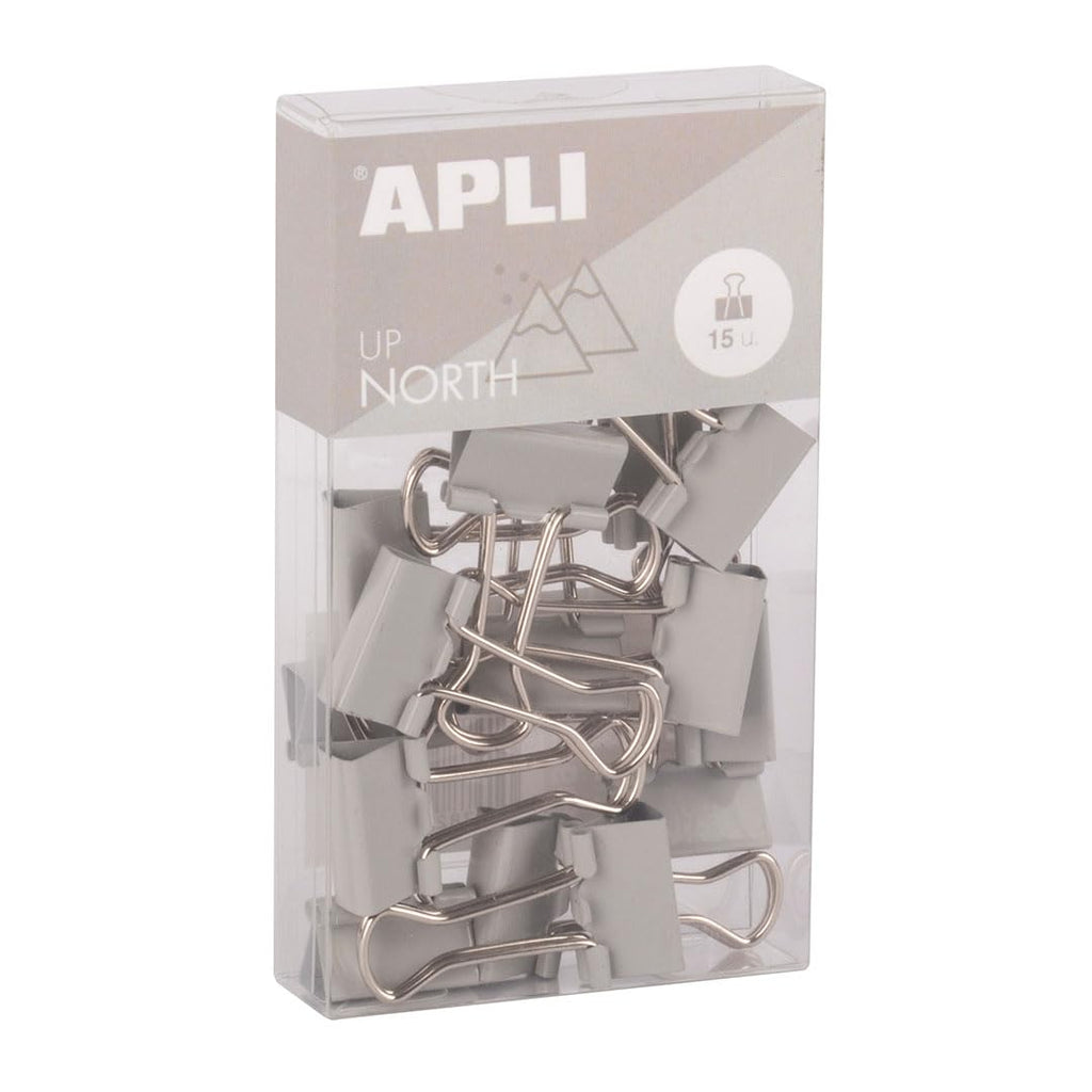 APLI 19982 - Klappklammern aus gehärtetem Stahl, 19 mm, 15 Stück, Grau, minimalistisches Design, moderne Organisation, Schreibtischzubehör
