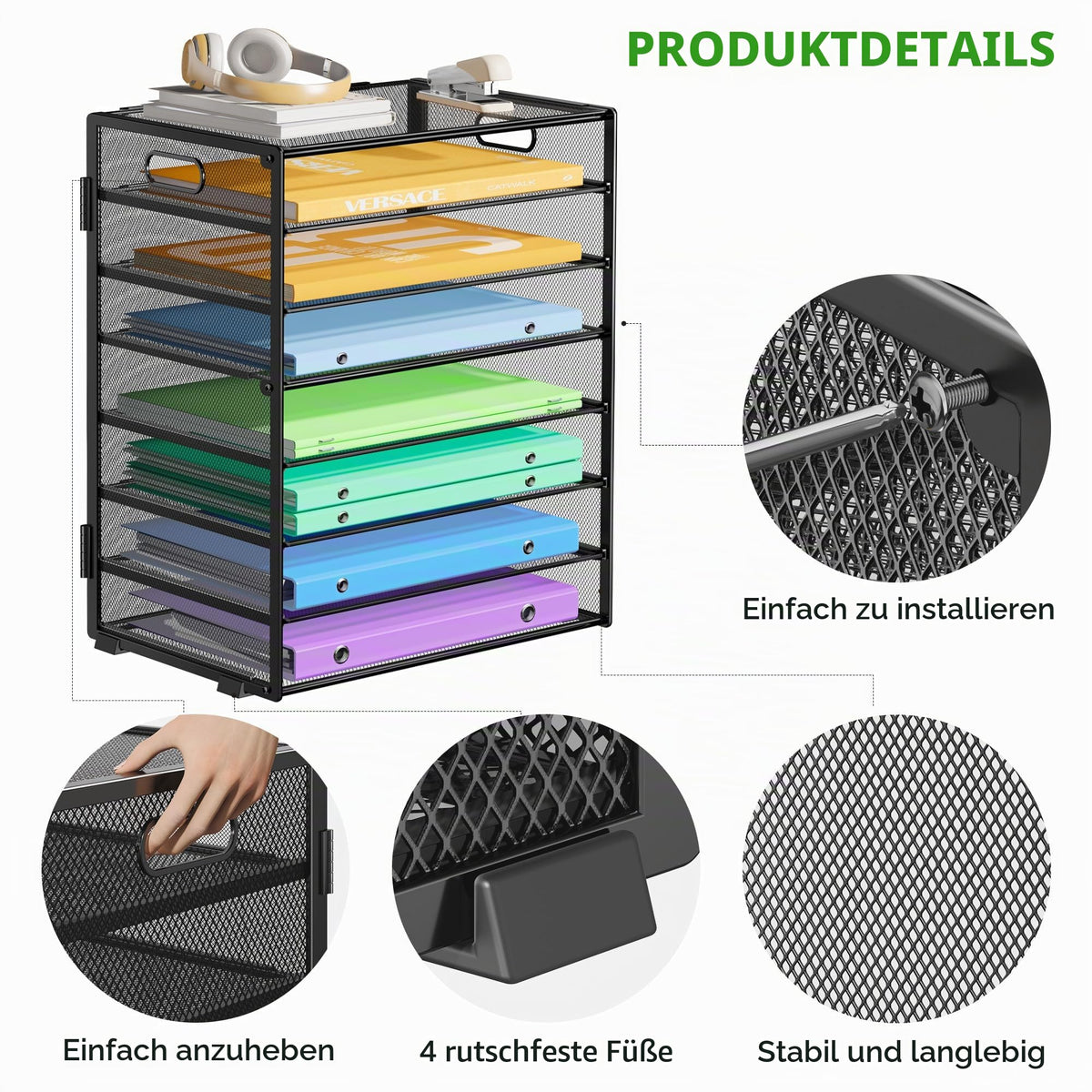 Marbrasse Schreibtisch Organizer Ablage,8-Tire Papierablage Ablagefächer Stapelbar Dokumentenablage,Metall Schreibtischorganizer für Briefablage,Ordner,Büromaterial,Home Office(Schwarz)