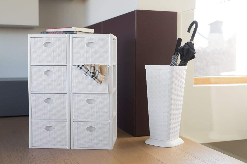 Rollbarer Schubladenschrank Rattan-Optik mit 4 Schubladen (Weiß)