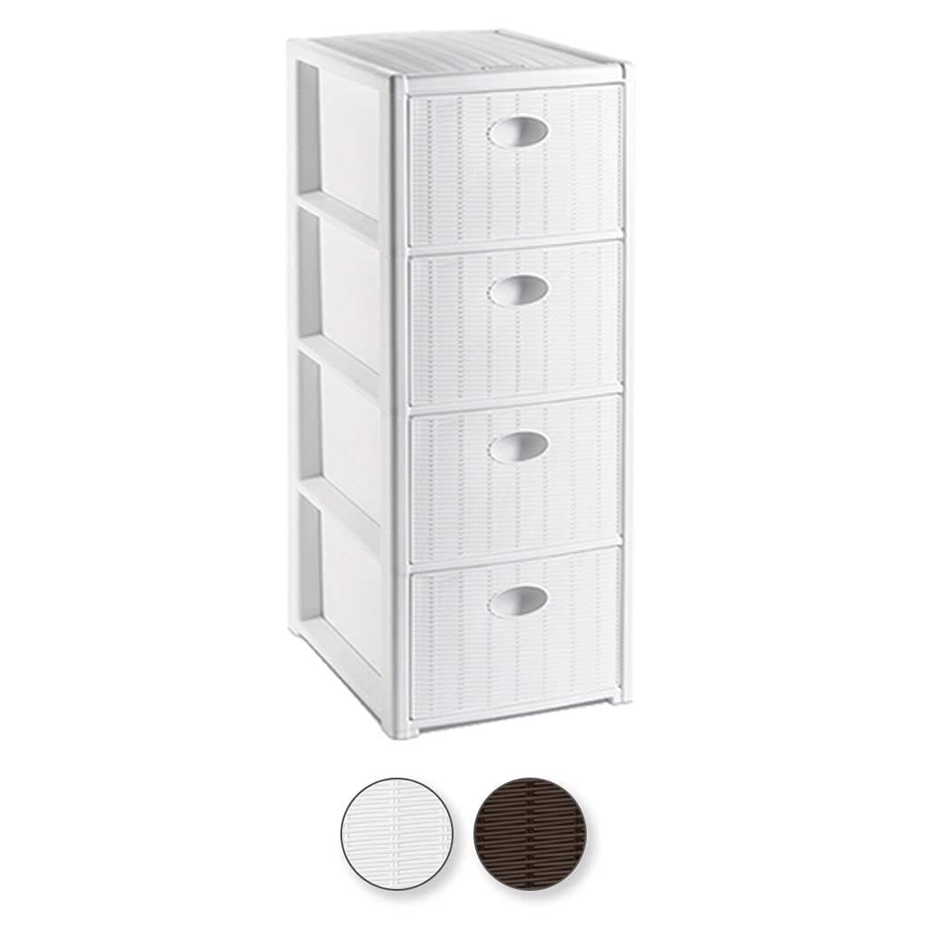Rollbarer Schubladenschrank Rattan-Optik mit 4 Schubladen (Weiß)