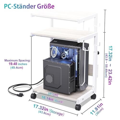Höhenverstellbarer PC Ständer mit Rollen, 2 Haken, 2-stufig