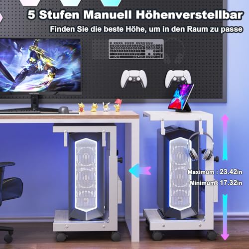 Höhenverstellbarer PC Ständer mit Rollen, 2 Haken, 2-stufig