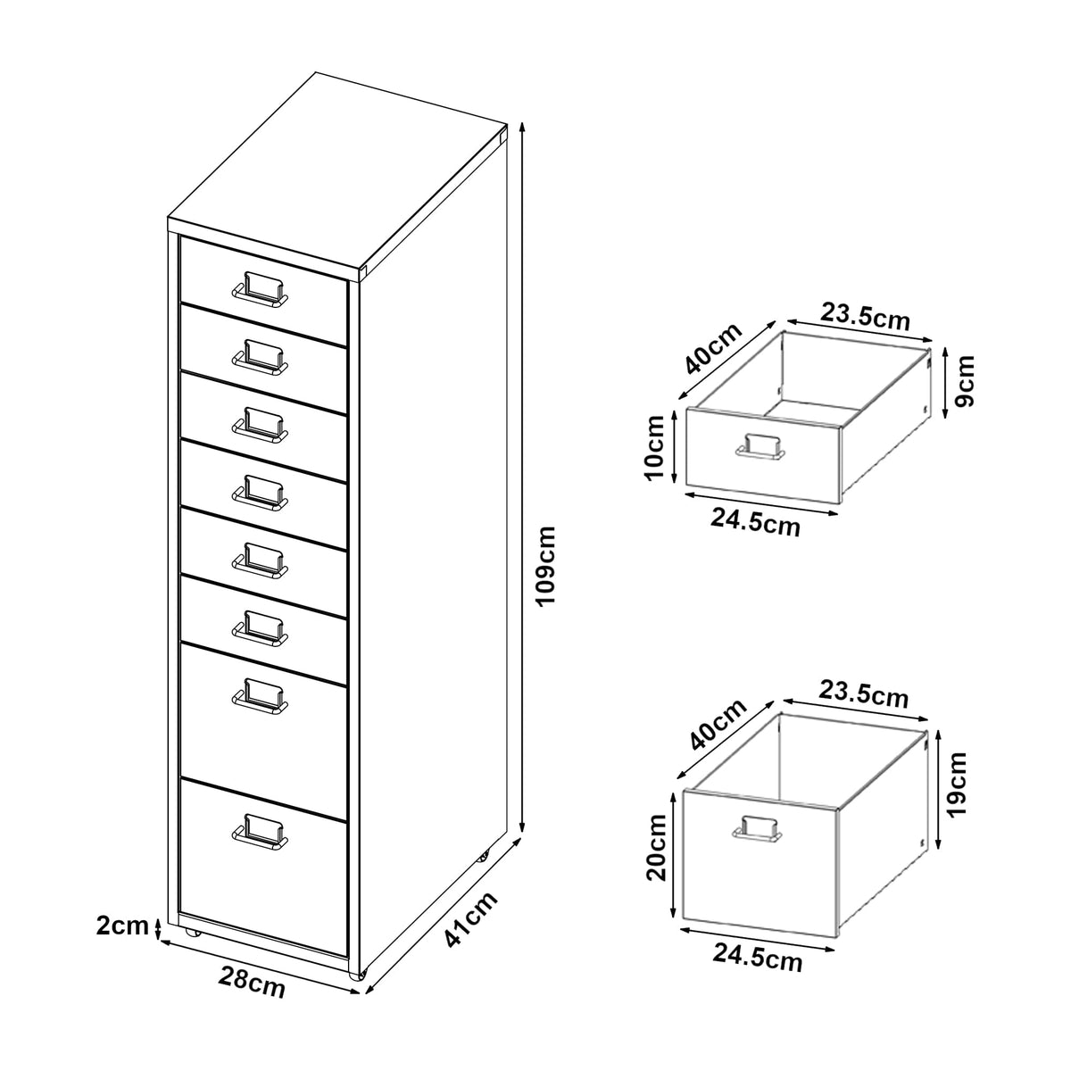 Helloshop26 Büroschrank, Rollschrank, mit 8 Schubladen, 109 x 28 x 41 cm, Dunkelgrau, 03_0009112