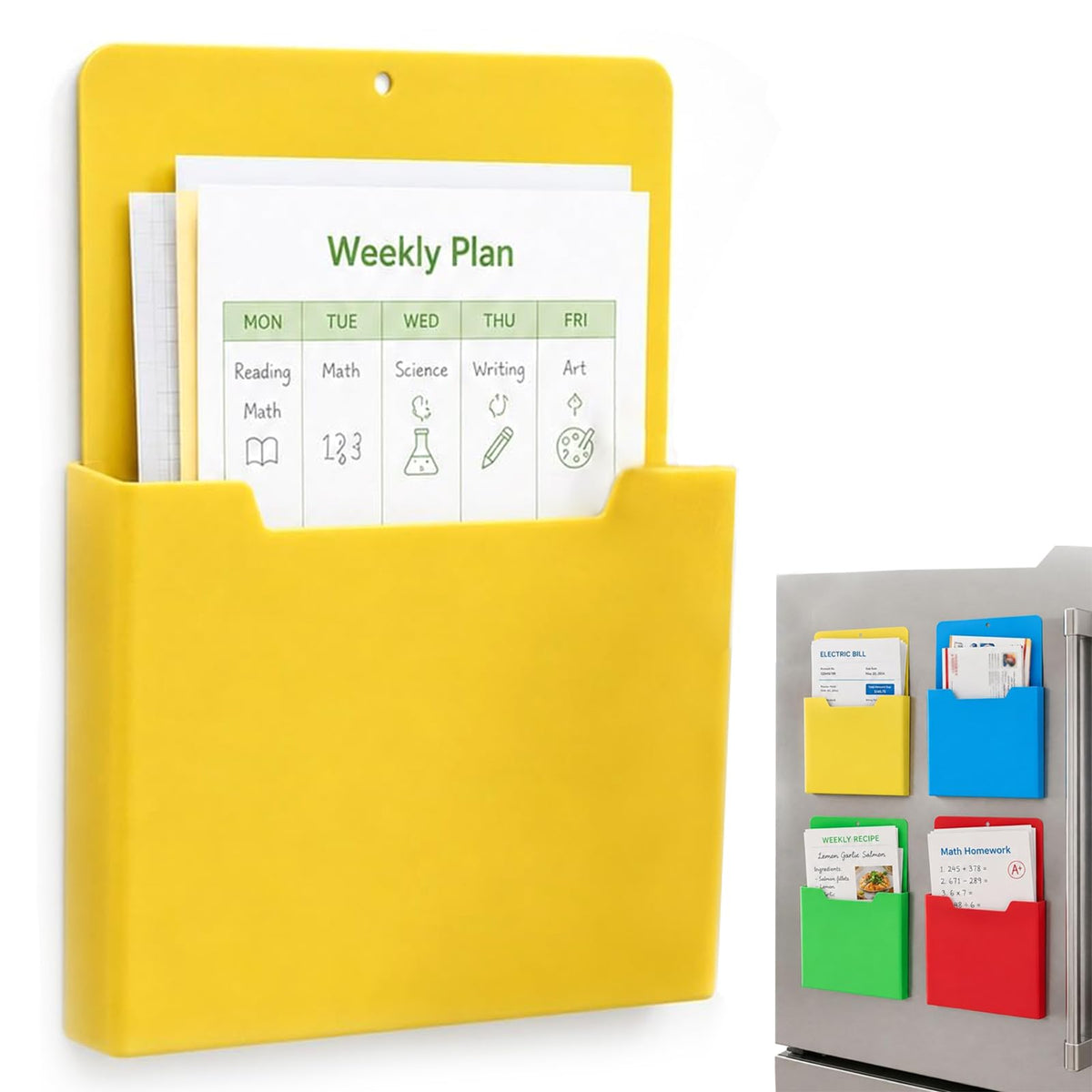 A4 Color-Coded Magnetic File Storage Pocket, Magnetischer Aktenhalter für Kühlschrank, A4 Magnetisch Stiftehalter, Dokumentenhalter, Vertikaler Wandorganizer für Whiteboard, Kühlschrank & Büro，Gelb