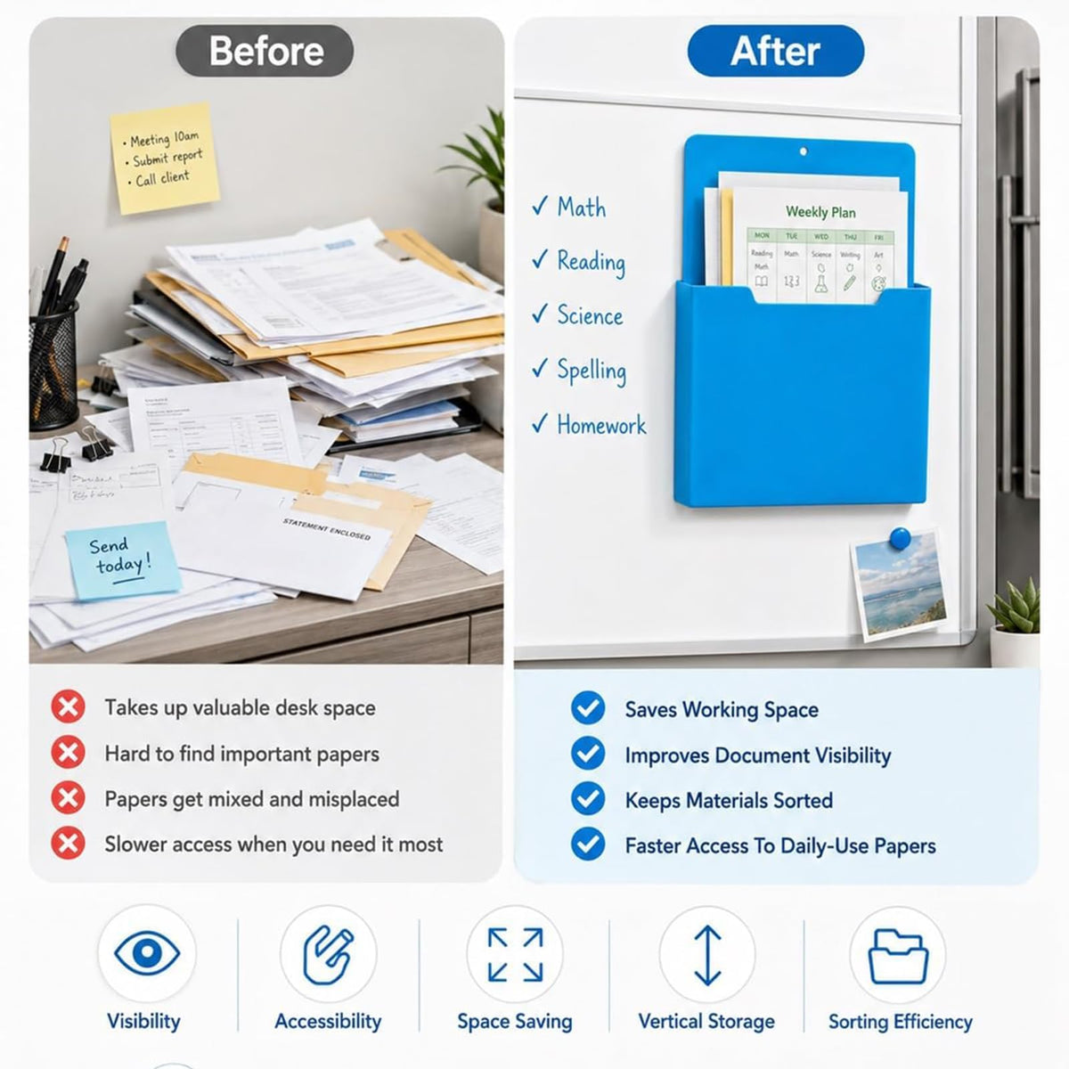 A4 Color-Coded Magnetic File Storage Pocket, Magnetischer Aktenhalter für Kühlschrank, A4 Magnetisch Stiftehalter, Dokumentenhalter, Vertikaler Wandorganizer für Whiteboard, Kühlschrank & Büro，Gelb