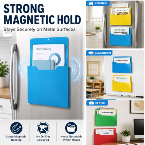 A4 Color-Coded Magnetic File Storage Pocket, Magnetischer Aktenhalter für Kühlschrank, A4 Magnetisch Stiftehalter, Dokumentenhalter, Vertikaler Wandorganizer für Whiteboard, Kühlschrank & Büro，Gelb