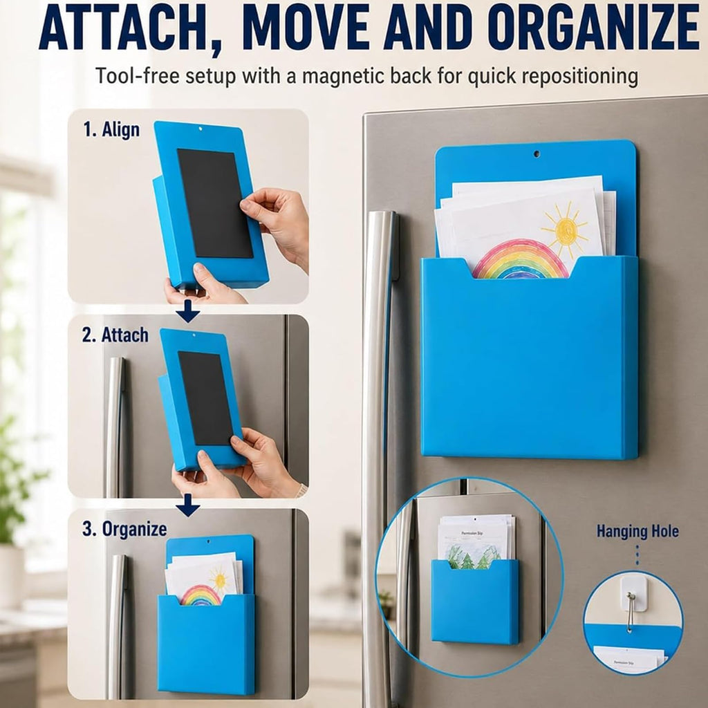 A4 Color-Coded Magnetic File Storage Pocket, Magnetischer Aktenhalter für Kühlschrank, A4 Magnetisch Stiftehalter, Dokumentenhalter, Vertikaler Wandorganizer für Whiteboard, Kühlschrank & Büro，Gelb