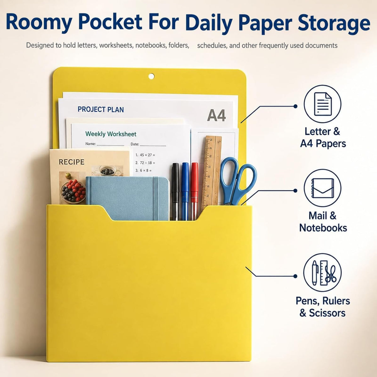 A4 Color-Coded Magnetic File Storage Pocket, Magnetischer Aktenhalter für Kühlschrank, A4 Magnetisch Stiftehalter, Dokumentenhalter, Vertikaler Wandorganizer für Whiteboard, Kühlschrank & Büro，Gelb