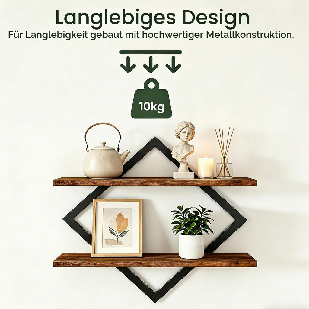 Wandregal 2er Set, Schweberegal mit Metallrahmen 38 cm, 2-stöckiges Hängeregal für Badezimmer, Wohnzimmer, Küche, Home Office