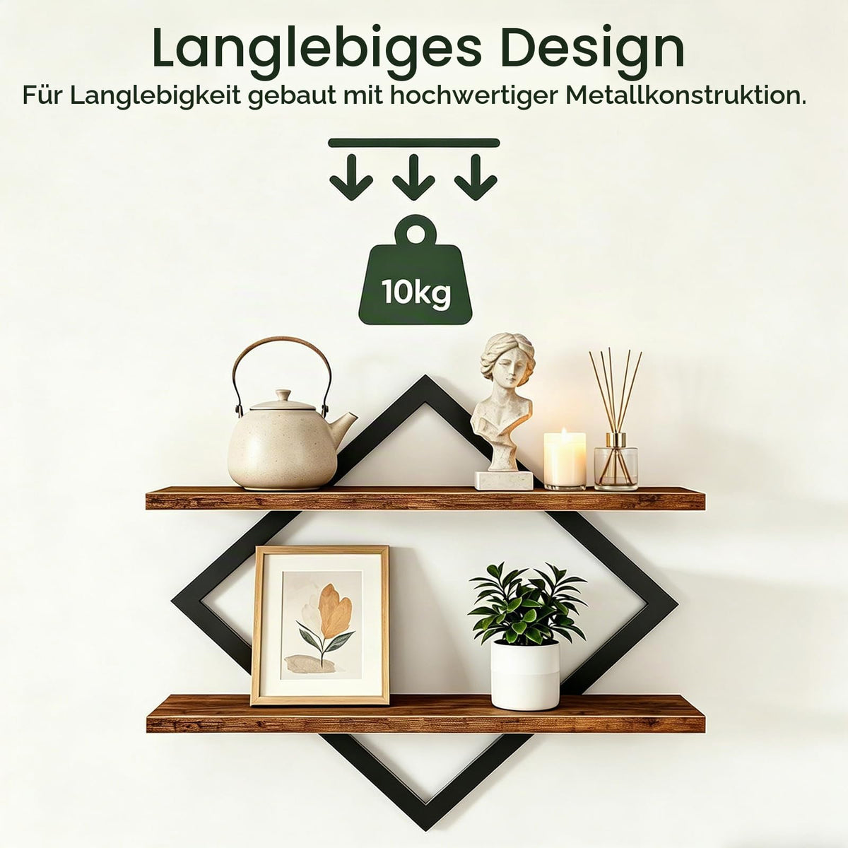 Wandregal 2er Set, Schweberegal mit Metallrahmen 38 cm, 2-stöckiges Hängeregal für Badezimmer, Wohnzimmer, Küche, Home Office