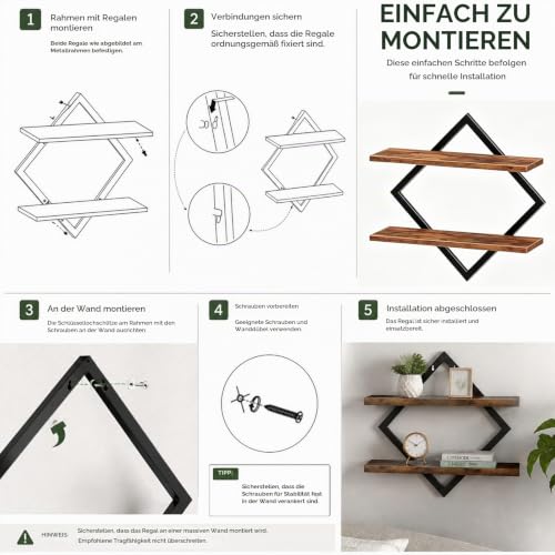 Wandregal 2er Set, Schweberegal mit Metallrahmen 38 cm, 2-stöckiges Hängeregal für Badezimmer, Wohnzimmer, Küche, Home Office