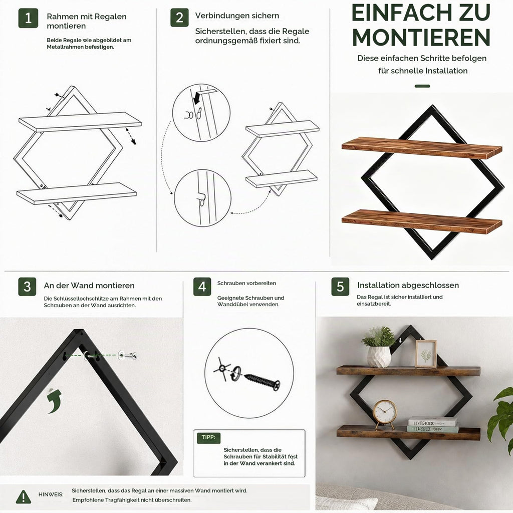 Wandregal 2er Set, Schweberegal mit Metallrahmen 38 cm, 2-stöckiges Hängeregal für Badezimmer, Wohnzimmer, Küche, Home Office