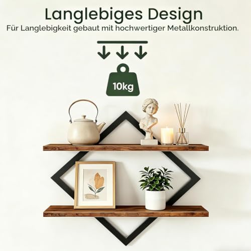 Wandregal 2er Set, Schweberegal mit Metallrahmen 38 cm, 2-stöckiges Hängeregal für Badezimmer, Wohnzimmer, Küche, Home Office