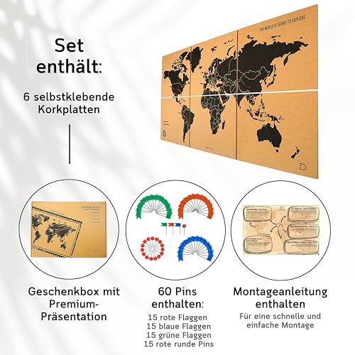 Weltkarte Pinnwand Kork XXL 120x60 cm – 6 Selbstklebende Paneele – Weltkarte zum Pinnen mit Pins – Korkplatte Wanddeko – 60 Pinnadeln Inklusive