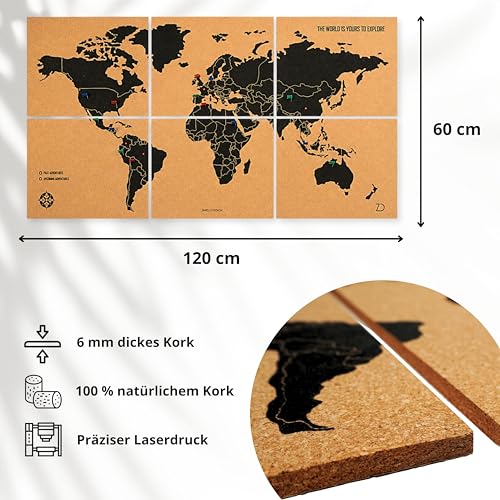 Weltkarte Pinnwand Kork XXL 120x60 cm – 6 Selbstklebende Paneele – Weltkarte zum Pinnen mit Pins – Korkplatte Wanddeko – 60 Pinnadeln Inklusive