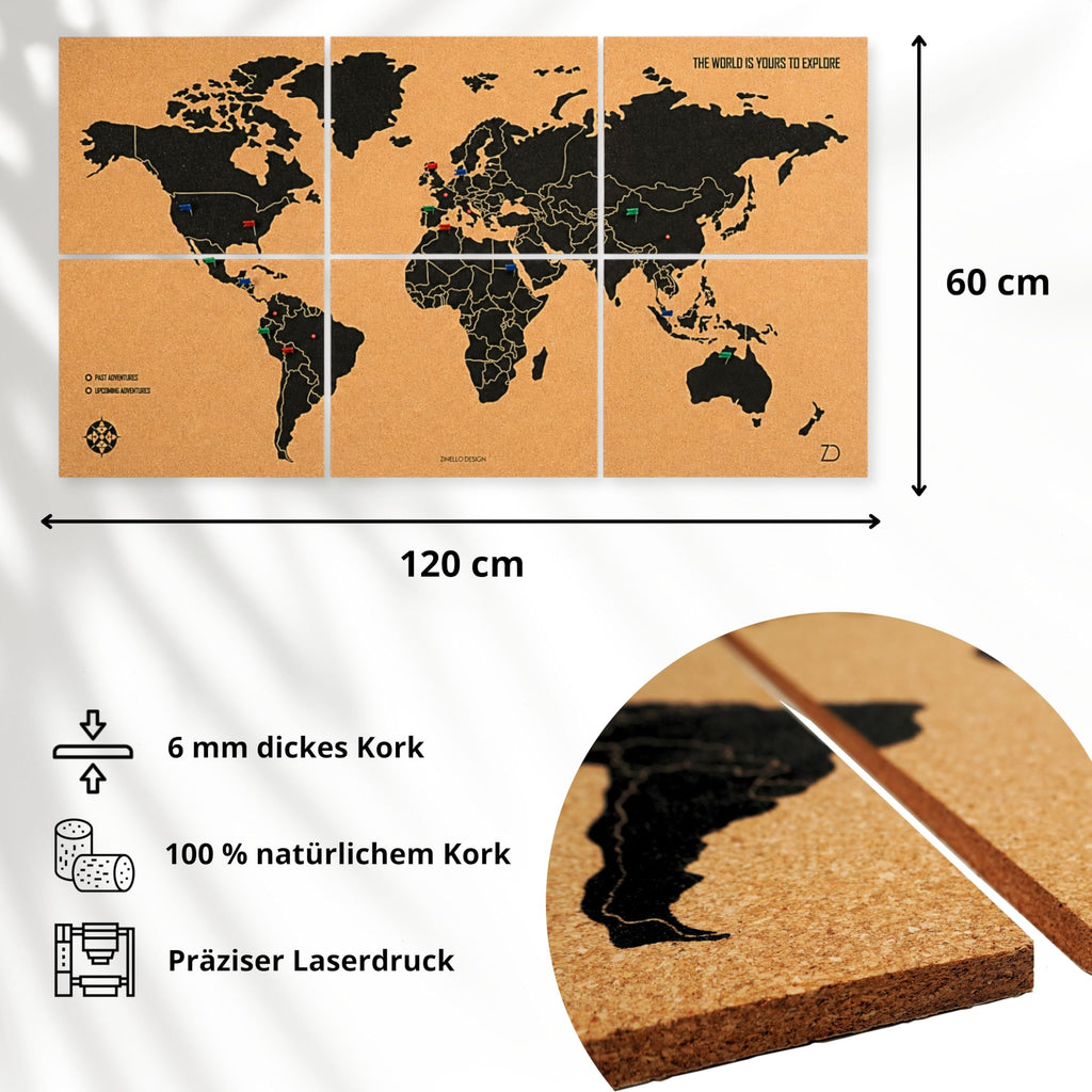 Weltkarte Pinnwand Kork XXL 120x60 cm – 6 Selbstklebende Paneele – Weltkarte zum Pinnen mit Pins – Korkplatte Wanddeko – 60 Pinnadeln Inklusive