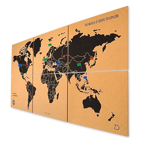 Weltkarte Pinnwand Kork XXL 120x60 cm – 6 Selbstklebende Paneele – Weltkarte zum Pinnen mit Pins – Korkplatte Wanddeko – 60 Pinnadeln Inklusive