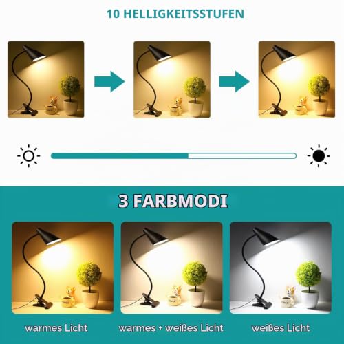 Semlos LED Clip-on-Licht, USB-Schreibtischleuchte, Leselampe für Schlafzimmer-Tisch, 3 Farbmodi, 10 Dimmhelligkeitsstufen, Schreibtischlampen, verstellbarer Schwanenhals, automatische Abschaltung