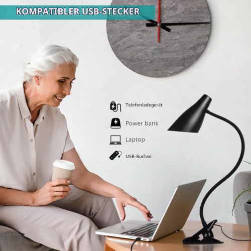 Semlos LED Clip-on-Licht, USB-Schreibtischleuchte, Leselampe für Schlafzimmer-Tisch, 3 Farbmodi, 10 Dimmhelligkeitsstufen, Schreibtischlampen, verstellbarer Schwanenhals, automatische Abschaltung