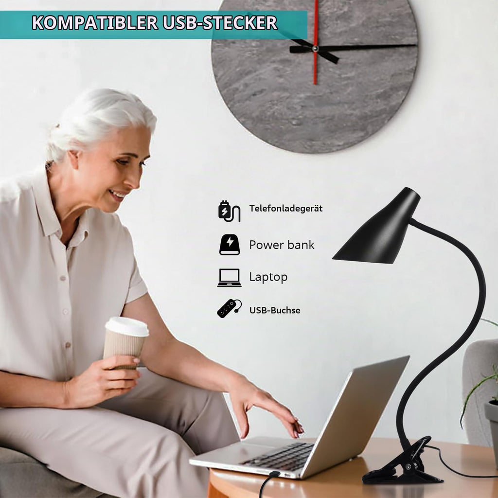 Semlos LED Clip-on-Licht, USB-Schreibtischleuchte, Leselampe für Schlafzimmer-Tisch, 3 Farbmodi, 10 Dimmhelligkeitsstufen, Schreibtischlampen, verstellbarer Schwanenhals, automatische Abschaltung