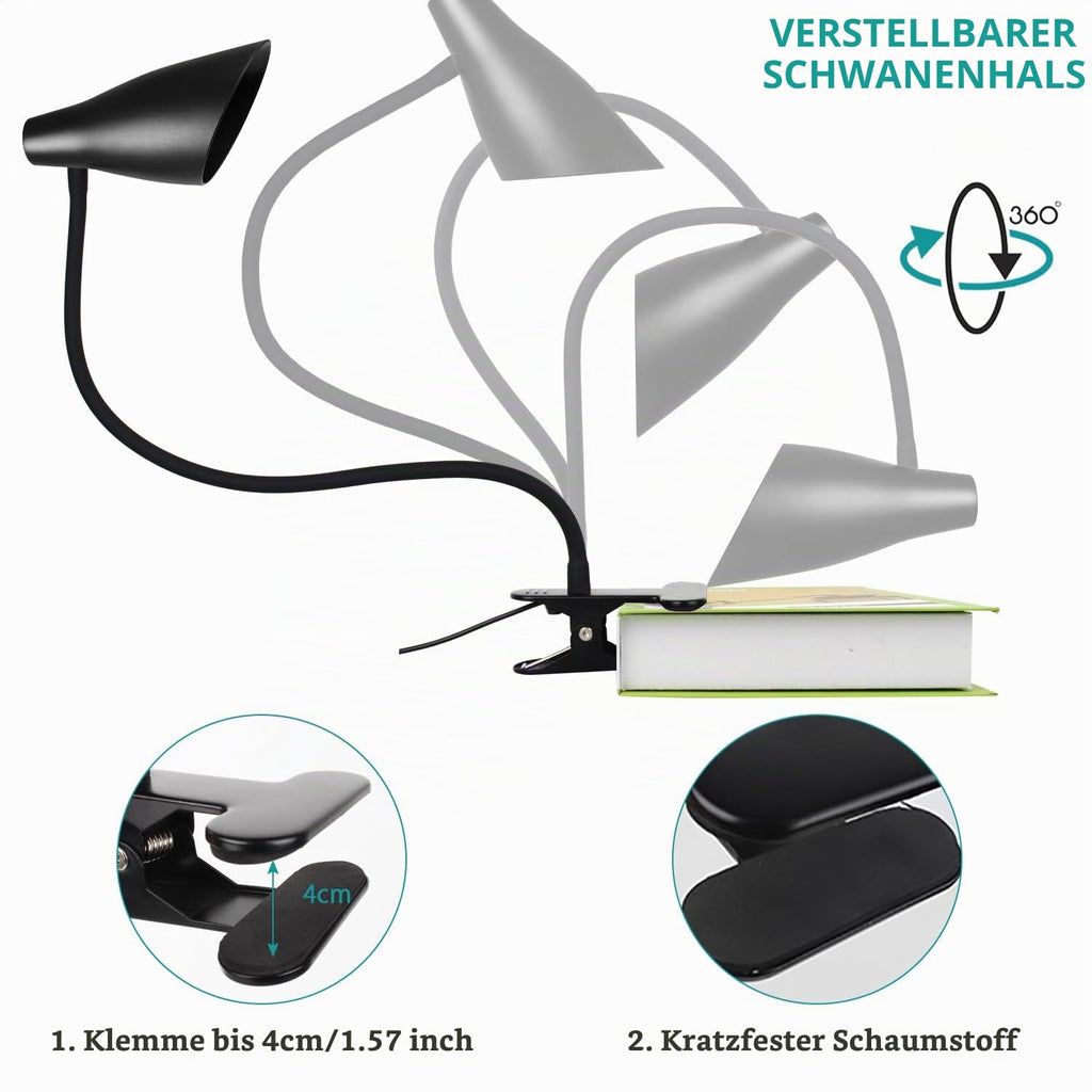Semlos LED Clip-on-Licht, USB-Schreibtischleuchte, Leselampe für Schlafzimmer-Tisch, 3 Farbmodi, 10 Dimmhelligkeitsstufen, Schreibtischlampen, verstellbarer Schwanenhals, automatische Abschaltung