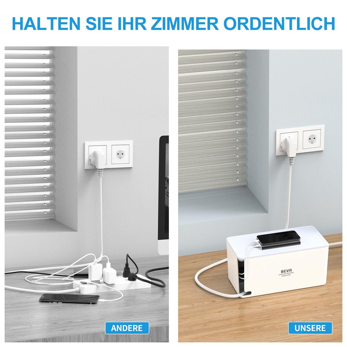 BEVA Kabelbox mit Steckdosenleiste 3680W/16A und 2M Kabel,Weiß