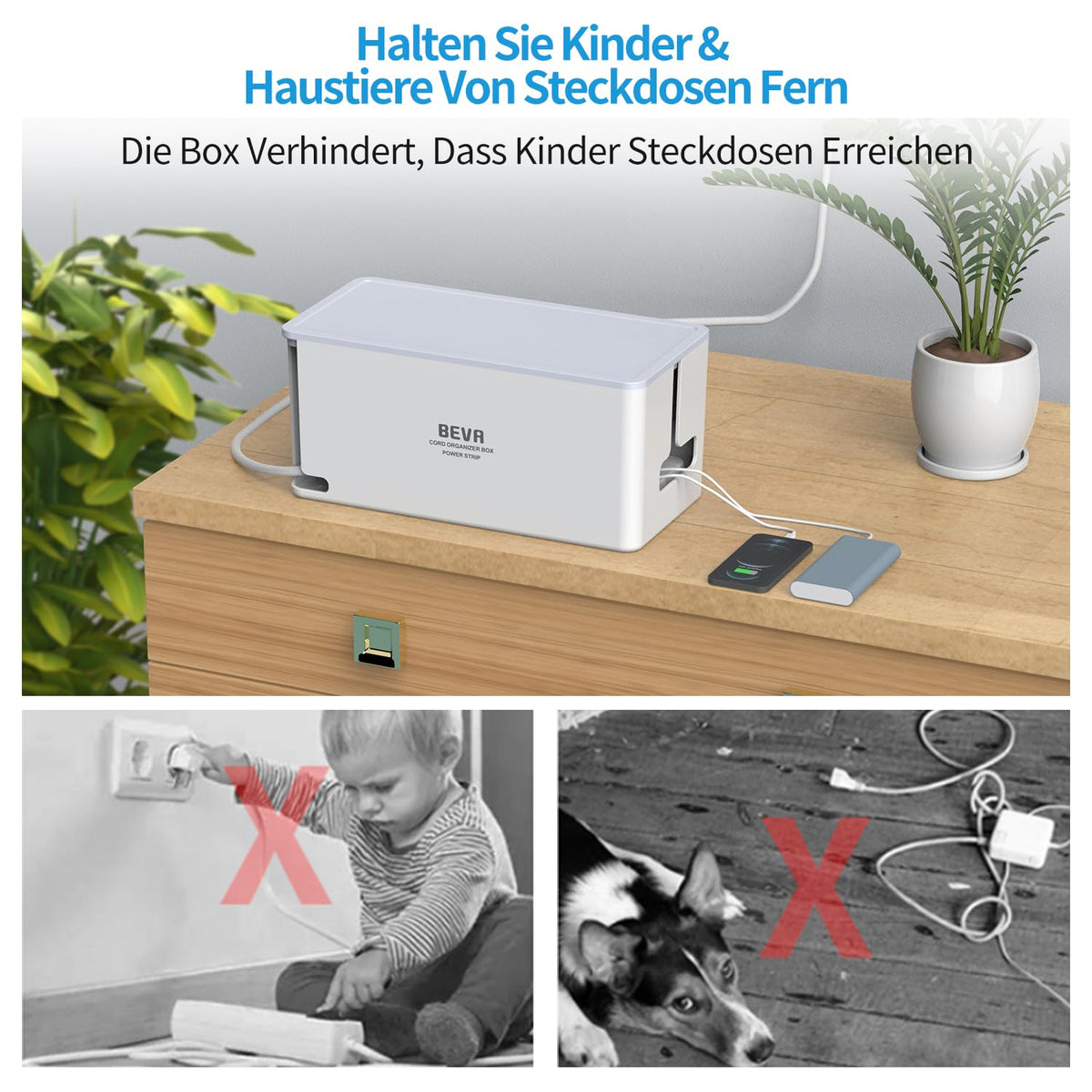 BEVA Kabelbox mit Steckdosenleiste 3680W/16A und 2M Kabel,Weiß