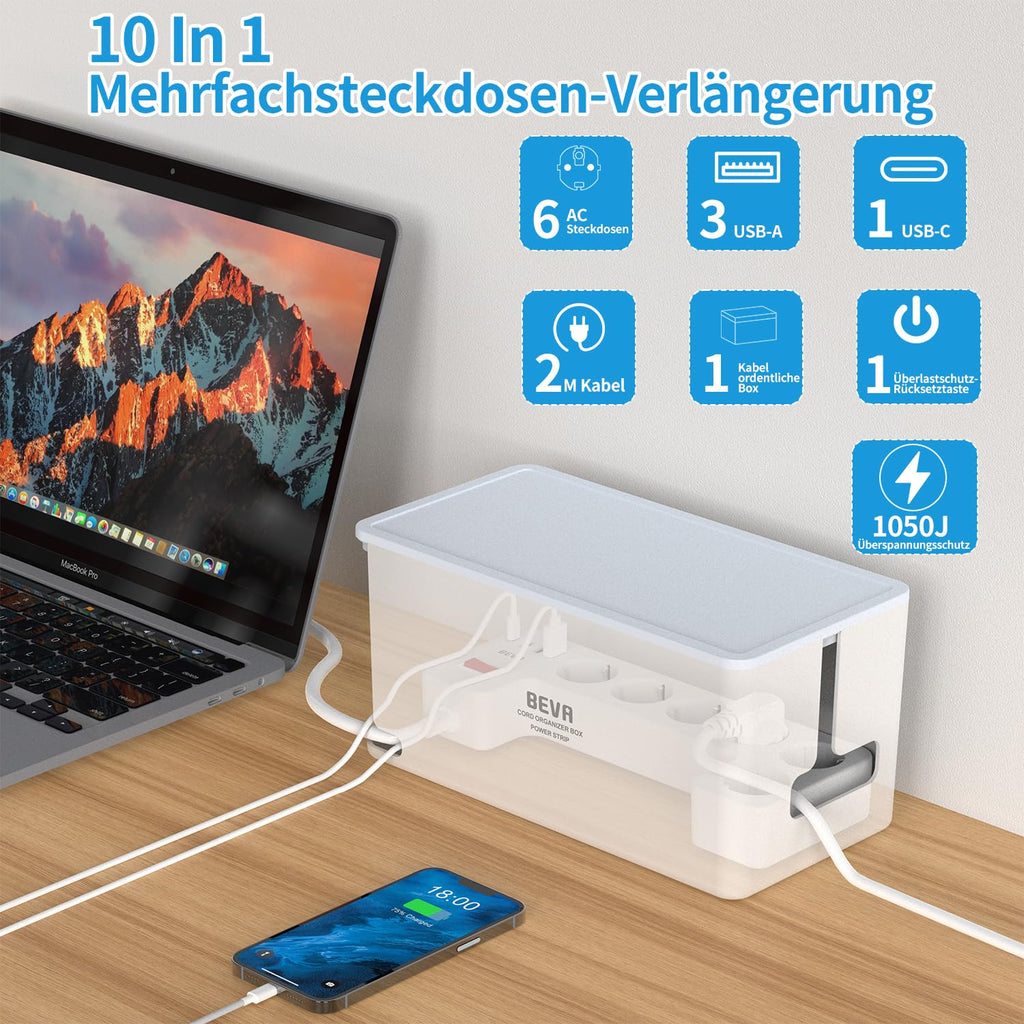BEVA Kabelbox mit Steckdosenleiste 3680W/16A und 2M Kabel,Weiß