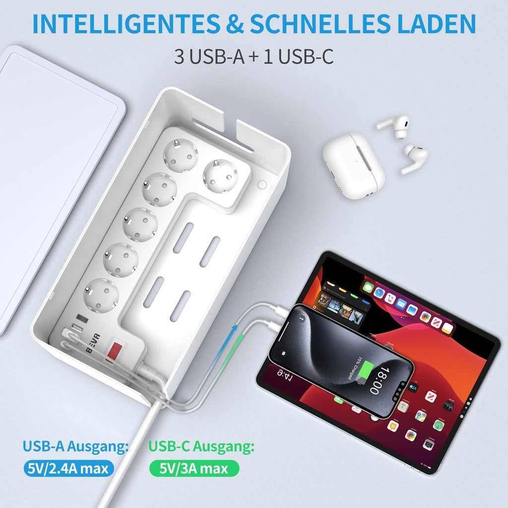 BEVA Kabelbox mit Steckdosenleiste 3680W/16A und 2M Kabel,Weiß