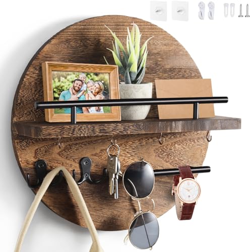 Schlüsselboard Vintage Holz mit Ablage Schlüsselbrett Rund Schlüsselhalter für Zuhause Dekorative Wandmontage Schlüsselbrett mit Vintage Charme(Braun)