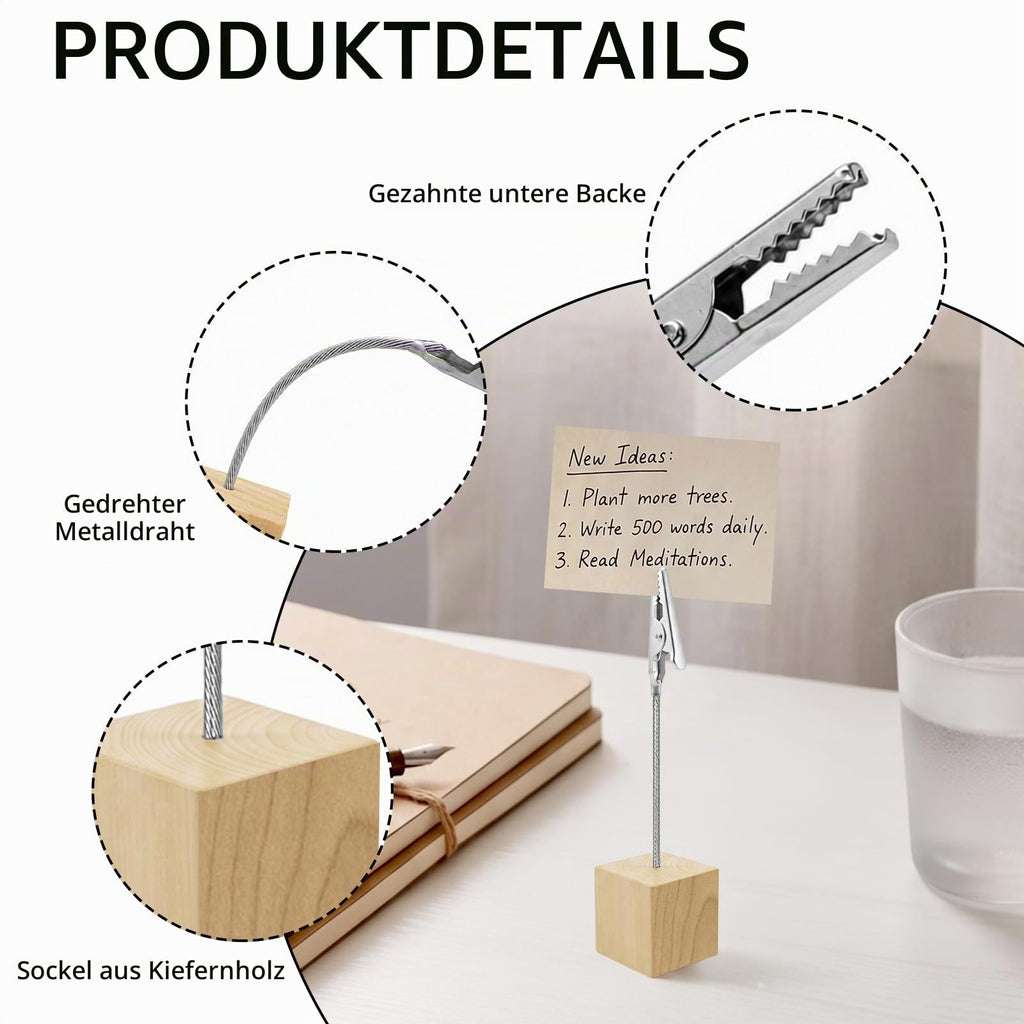 20 Stück Fotohalter mit Klammern, Tischkartenhalter Holz, Fotoaufsteller Kartenhalter Tisch, Holzsockel mit Metall Klammer für Tischdekoration Hochzeit Party Büro Restaurant Event (Natur)