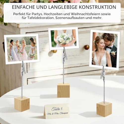 20 Stück Fotohalter mit Klammern, Tischkartenhalter Holz, Fotoaufsteller Kartenhalter Tisch, Holzsockel mit Metall Klammer für Tischdekoration Hochzeit Party Büro Restaurant Event (Natur)