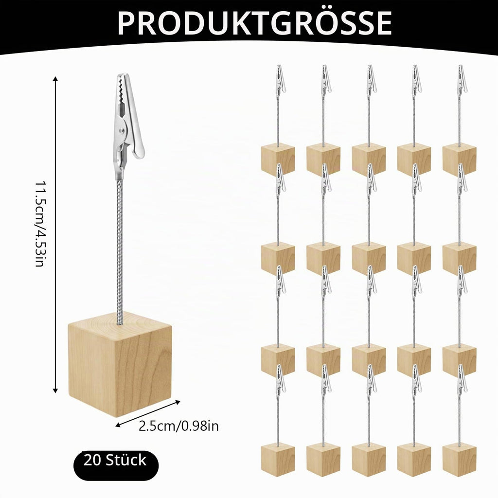 20 Stück Fotohalter mit Klammern, Tischkartenhalter Holz, Fotoaufsteller Kartenhalter Tisch, Holzsockel mit Metall Klammer für Tischdekoration Hochzeit Party Büro Restaurant Event (Natur)