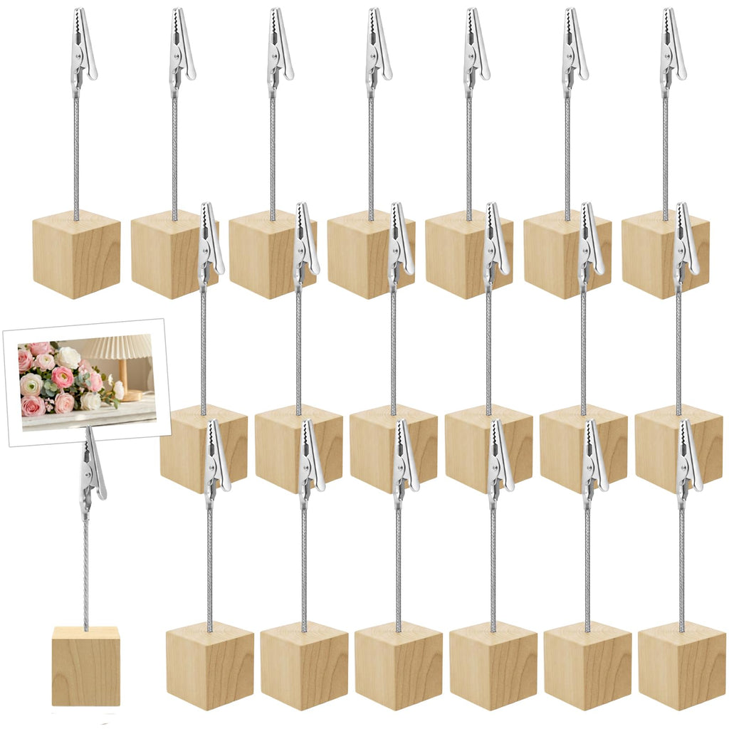 20 Stück Fotohalter mit Klammern, Tischkartenhalter Holz, Fotoaufsteller Kartenhalter Tisch, Holzsockel mit Metall Klammer für Tischdekoration Hochzeit Party Büro Restaurant Event (Natur)
