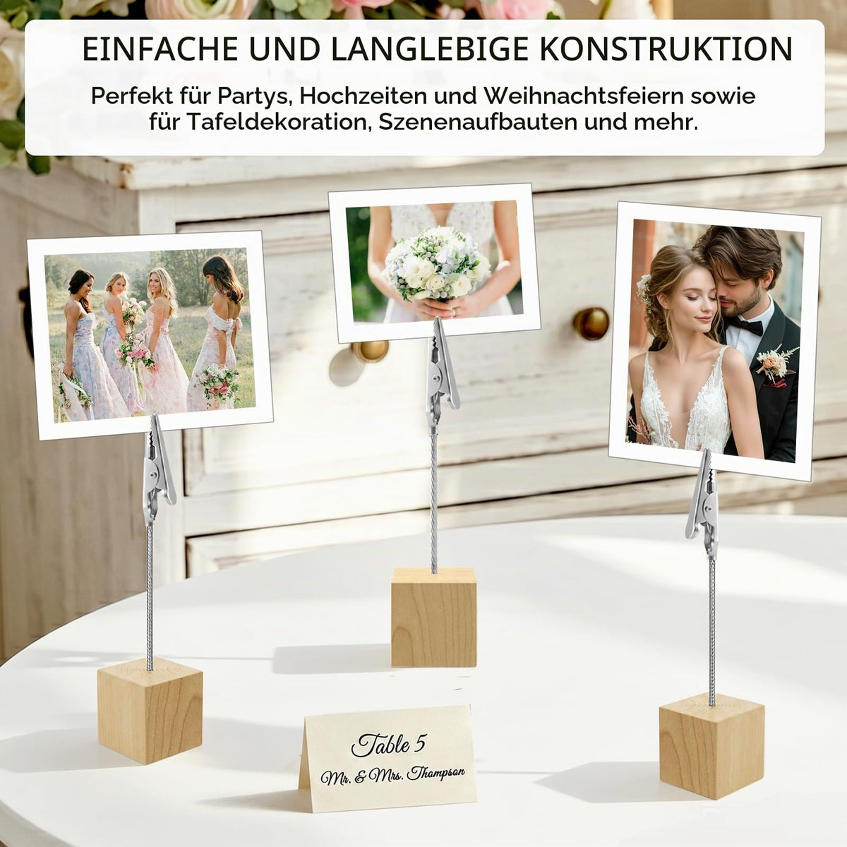 20 Stück Fotohalter mit Klammern, Tischkartenhalter Holz, Fotoaufsteller Kartenhalter Tisch, Holzsockel mit Metall Klammer für Tischdekoration Hochzeit Party Büro Restaurant Event (Natur)