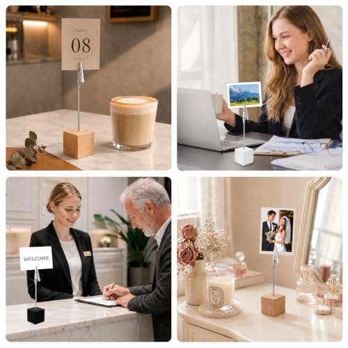 20 Stück Fotohalter mit Klammern, Tischkartenhalter Holz, Fotoaufsteller Kartenhalter Tisch, Holzsockel mit Metall Klammer für Tischdekoration Hochzeit Party Büro Restaurant Event (Natur)