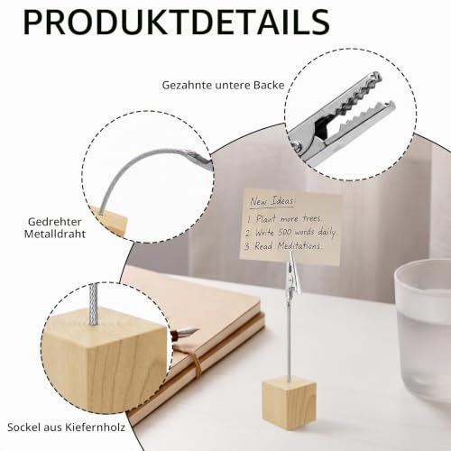 20 Stück Fotohalter mit Klammern, Tischkartenhalter Holz, Fotoaufsteller Kartenhalter Tisch, Holzsockel mit Metall Klammer für Tischdekoration Hochzeit Party Büro Restaurant Event (Natur)
