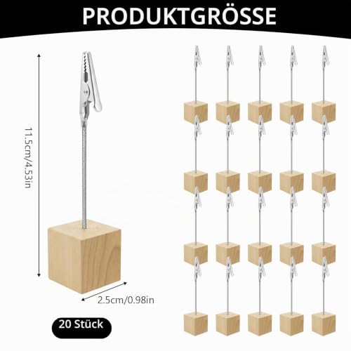 20 Stück Fotohalter mit Klammern, Tischkartenhalter Holz, Fotoaufsteller Kartenhalter Tisch, Holzsockel mit Metall Klammer für Tischdekoration Hochzeit Party Büro Restaurant Event (Natur)