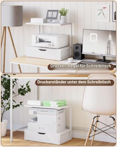 IBUYKE 2-Tier Desktop Drucker Stand, Drucker Tisch mit Speicher Regal, Multifunktions Schreibtisch Organizer für Ordner, Bücher, für Faxgerät, Scanner, Home Office,White TLJ015W