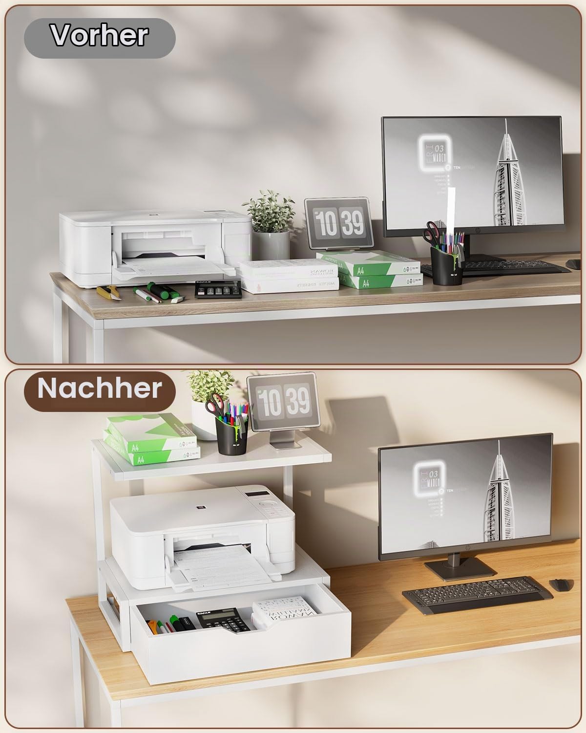 IBUYKE 2-Tier Desktop Drucker Stand, Drucker Tisch mit Speicher Regal, Multifunktions Schreibtisch Organizer für Ordner, Bücher, für Faxgerät, Scanner, Home Office,White TLJ015W