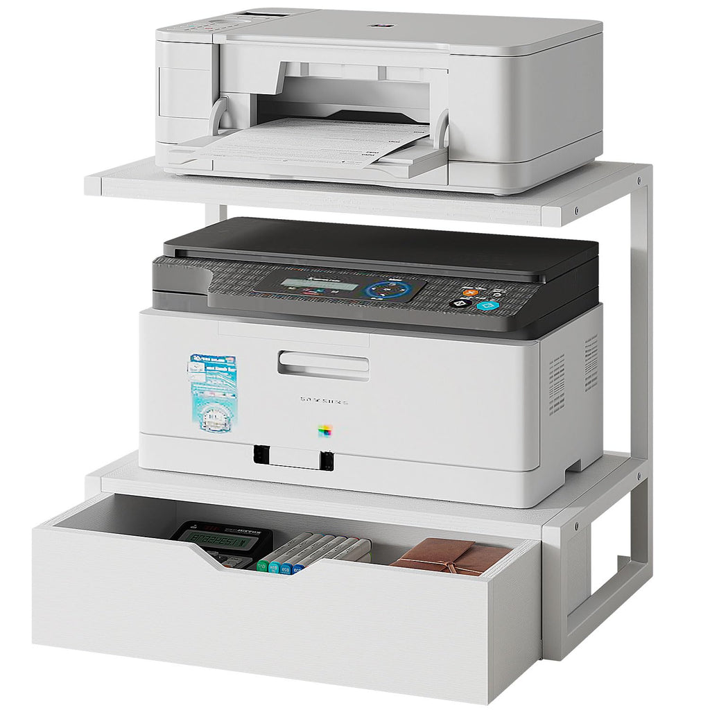 IBUYKE 2-Tier Desktop Drucker Stand, Drucker Tisch mit Speicher Regal, Multifunktions Schreibtisch Organizer für Ordner, Bücher, für Faxgerät, Scanner, Home Office,White TLJ015W