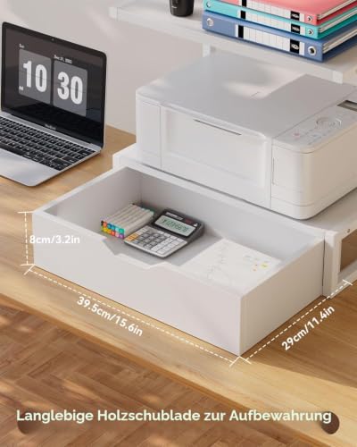 IBUYKE 2-Tier Desktop Drucker Stand, Drucker Tisch mit Speicher Regal, Multifunktions Schreibtisch Organizer für Ordner, Bücher, für Faxgerät, Scanner, Home Office,White TLJ015W