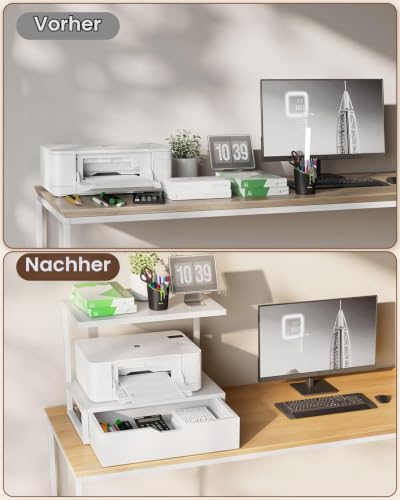 IBUYKE 2-Tier Desktop Drucker Stand, Drucker Tisch mit Speicher Regal, Multifunktions Schreibtisch Organizer für Ordner, Bücher, für Faxgerät, Scanner, Home Office,White TLJ015W