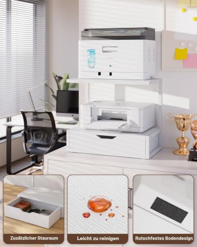 IBUYKE 2-Tier Desktop Drucker Stand, Drucker Tisch mit Speicher Regal, Multifunktions Schreibtisch Organizer für Ordner, Bücher, für Faxgerät, Scanner, Home Office,White TLJ015W