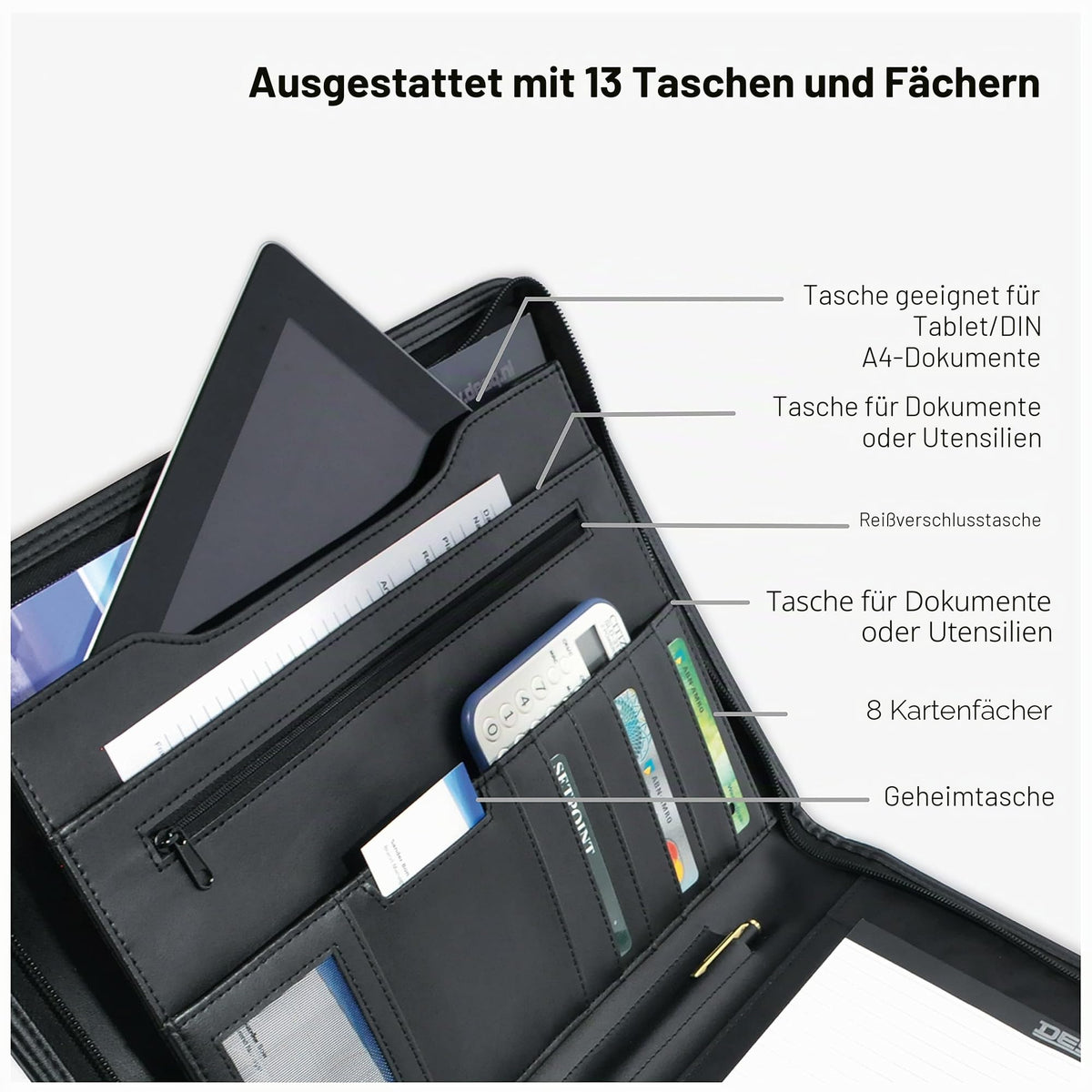 DESQ® A4-Schreibmappe mit umlaufendem Reißverschluss | Dutch Design, Schwärz