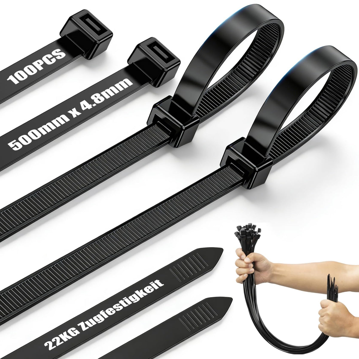Kabelbinder Lang Schwarz, Zip Ties 100 Stück 500mm x 4,8mm für Kabelmanagement, Zugfestigkeit 22KG, UV Beständig, Cable Ties für Werkstatt, Elektroinstallation,Gartenarbeit