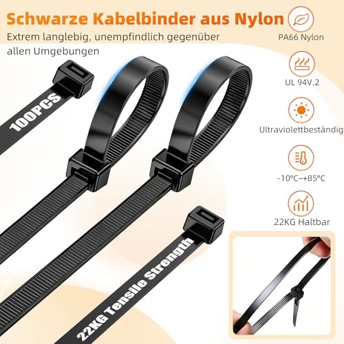 Kabelbinder Lang Schwarz, Zip Ties 100 Stück 500mm x 4,8mm für Kabelmanagement, Zugfestigkeit 22KG, UV Beständig, Cable Ties für Werkstatt, Elektroinstallation,Gartenarbeit